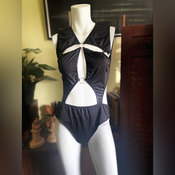 Sexy cut out mod goth industrial bodyCon black bathing body suit camp pinup - Picture 6 of 10